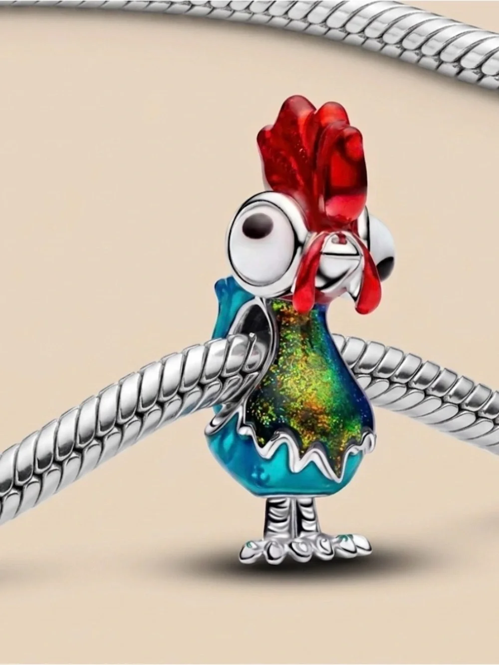 Sterling silver Colorful Rooster Bird Charm - Blue & Red Enamel